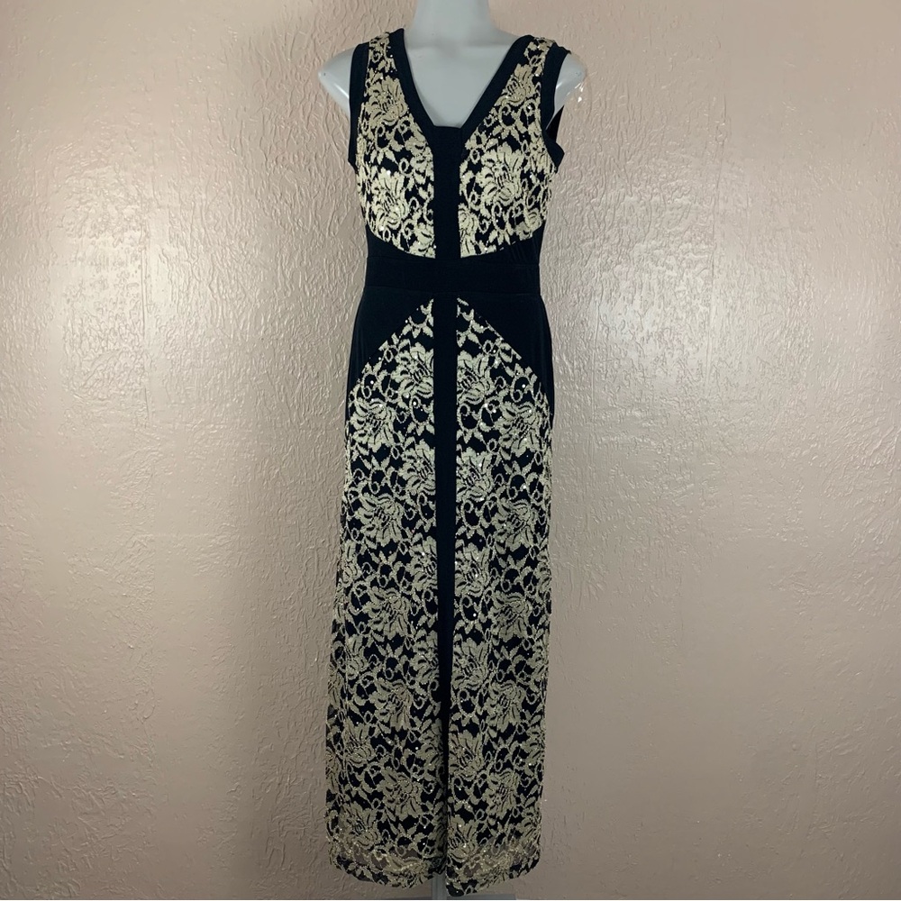 Cardalite Petite Black and Gold Lace Sleeveless Midi Dress